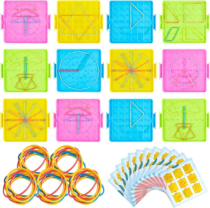 Deekin 50 Pcs Double Sided Geoboard Mathematical Kids Geoboards with Rubber Bands Math Manipulatives Toy for Geometry, 6.9 x 6.3 Inches Classroom Back to School