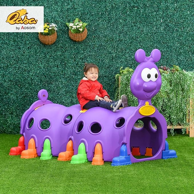 Qaba Caterpillar Tunnel, Toddler Tunnel for Kids Crawl and Climb Through, Kids' Play Structure Indoor Outdoor, 2 Sections, Purple