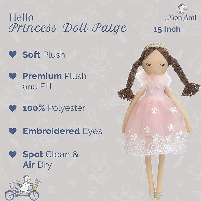 MON AMI Princess Doll Paige (Small) – 15”, Soft & Elegant Stuffed Plush Princess Doll, Use as Toy or Room Decor, Great Gift for Kids of All Ages