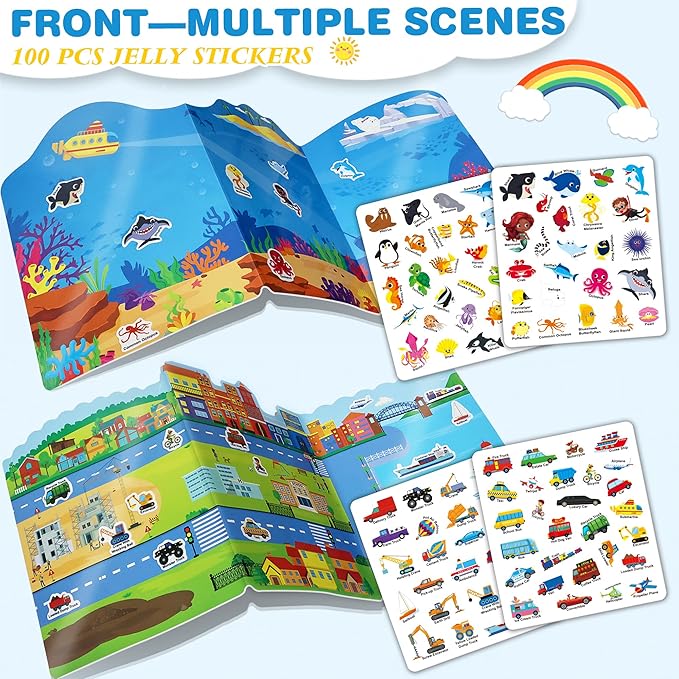 Reusable Jelly Sticker Books for Toddlers, 3D Waterproof Sticker Books, Travel Toys for Kids - Ocean Wrold, Vehicles