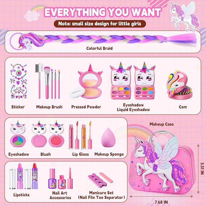 Kids Makeup Kit for Girl - Girls Makeup Kit Toys with Flying Horse Storage Case, Kids Play Makeup Set for Christmas Birthday Gift 3-12 Years Old