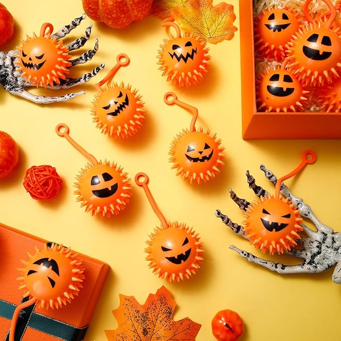 Sotiff 30 Pcs LED Halloween Pumpkin Stress Bouncy Light up Balls Spiky Squeaky Rubber Sensory Ball for Halloween Holiday Decors Gift Bag Stuffers Party Favor Fillers