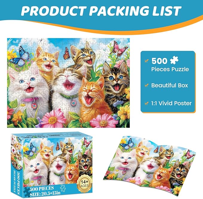500 Piece Puzzles for Adults, Laughing Cats Large Piece Jigsaw Puzzle for Adults Kids Seniors,Recycled Cardboard Puzzle 500 Piece,Family Activity Great Gift for Family Friends 20.5 * 15 in
