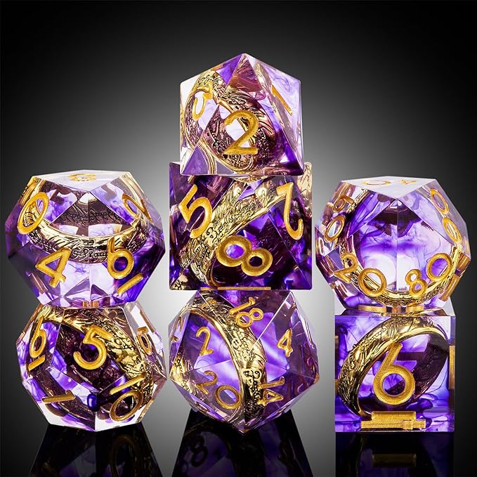 Magic Lord Ring D&D Dice Set DNDND Sharp Edge DND Dice Purple Swirl with Golden Ring Inside with Gift Metal Case for Dungeons & Dragons D&D Tabletop Game (Purple)
