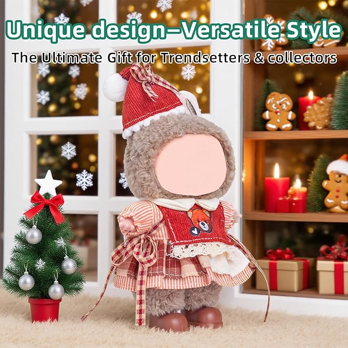 17cm Doll Clothes Set (No Doll), 4 Pieces Outfit Set for 6.7inch Dolls Suit, Fashion Christmas Clothes Accessories Dress-Up,Includes—Christmas Hat + Dress + Bear Vest+ Shoes(Style F)