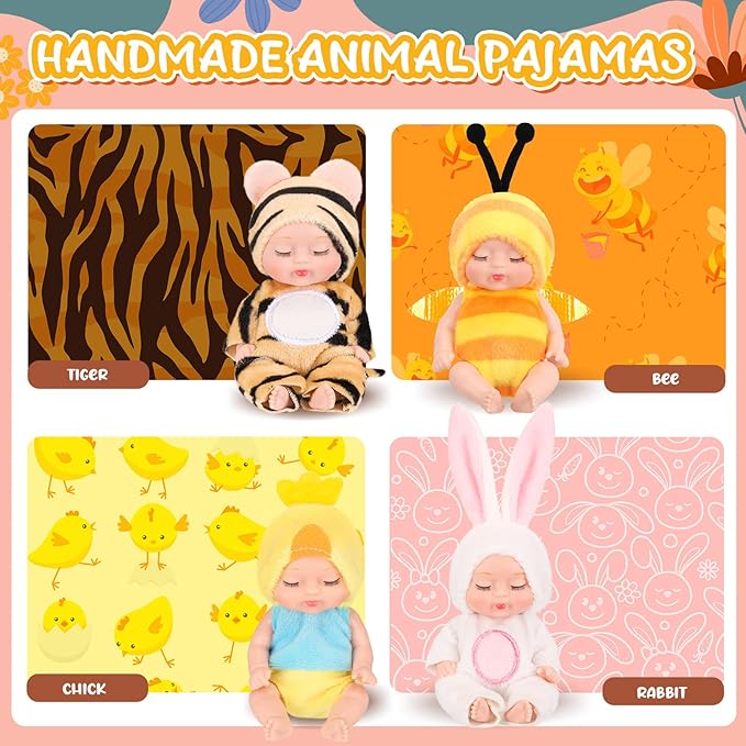 Hanaive 4 Pcs 4 Inch Mini Baby Dolls Lifelike Realistic Baby Dolls Animal Clothes Cute Tiny Gifts for Kids Birthday Party(Vivid Style)