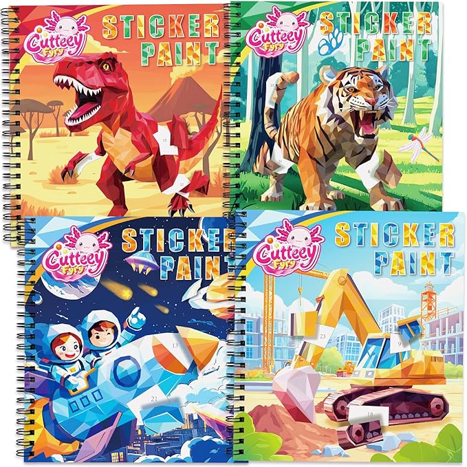 4PCS Paint by Number Sticker Book - Kids Crafts & Acitivity Puzzles Book for Ages 4-10,Mess-Free Travel Toys for Road Trip & Airplane,Perfect Gifts & Basket Stuffers for Kids