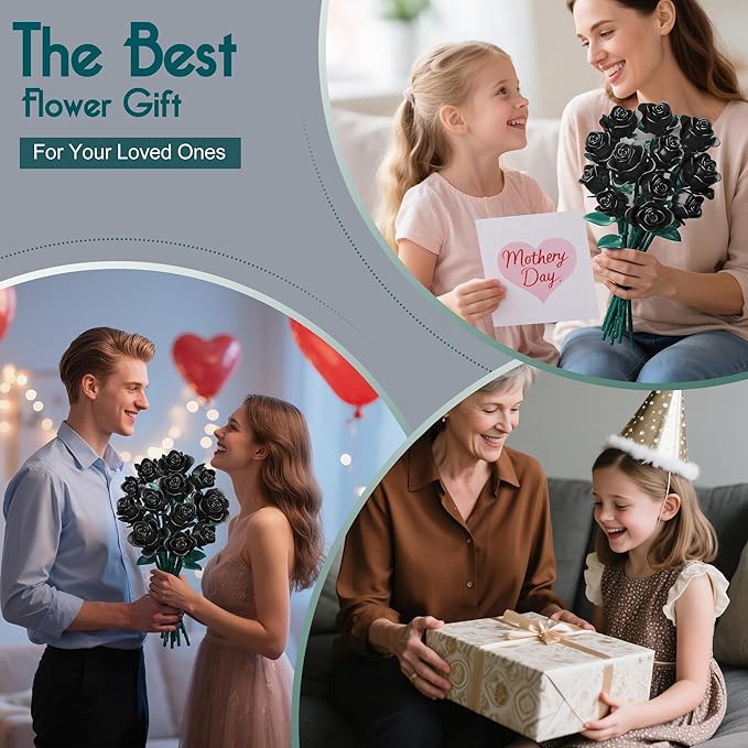 Black Roses Bouquet Building Set, 634Pcs Artificial Rose with 3 Blooming Stages, DIY Floral Home Office Decor for Adults & Kids Ages 6+, Gift for Birthday Valentine's Day Halloween Christmas