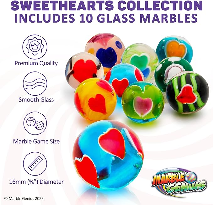 Marble Genius Collectors Marbles, Sweetheart Design, 16mm (⅝ Inch), 10 Handmade Glass Marbles, Gifts for Marble Lovers, Gifts for Kids Ages 3+