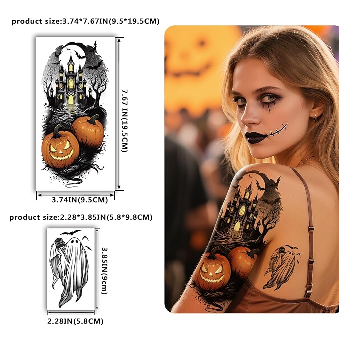 77 PCS Halloween Temporary Tattoos Adult Kids, 17 PCS Half Sleeve Pumpkin Bat Crow Witch Skull Fake Tattoos, 60 PCS Spider Cat Ghost Scar Tiny Realistic Face Body Tattoos Stickers