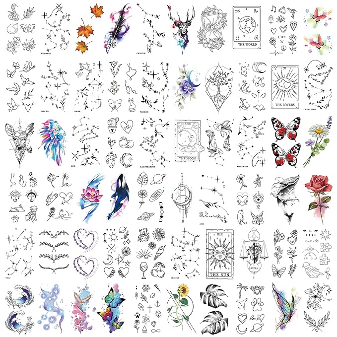 77 Temporary Tattoos for Women, Colorful Constellation Animal Flower Half Arm Fake Tattoos, Realistic Planet Lion Butterfly Rose Peony Tattoo Design