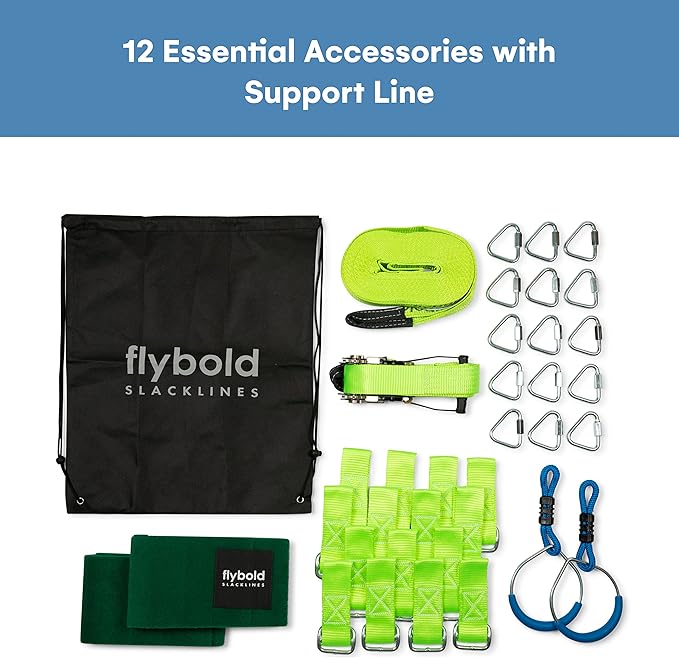 Flybold Slackline Obstacle Course for Kids - Ninja Warrior Training Kit with 8 Adjustable Obstacles, Twin Gear Ratchet, Outdoor Ninja Course for Kids - 40 ft Line Stainless Steel with Tree Protectors