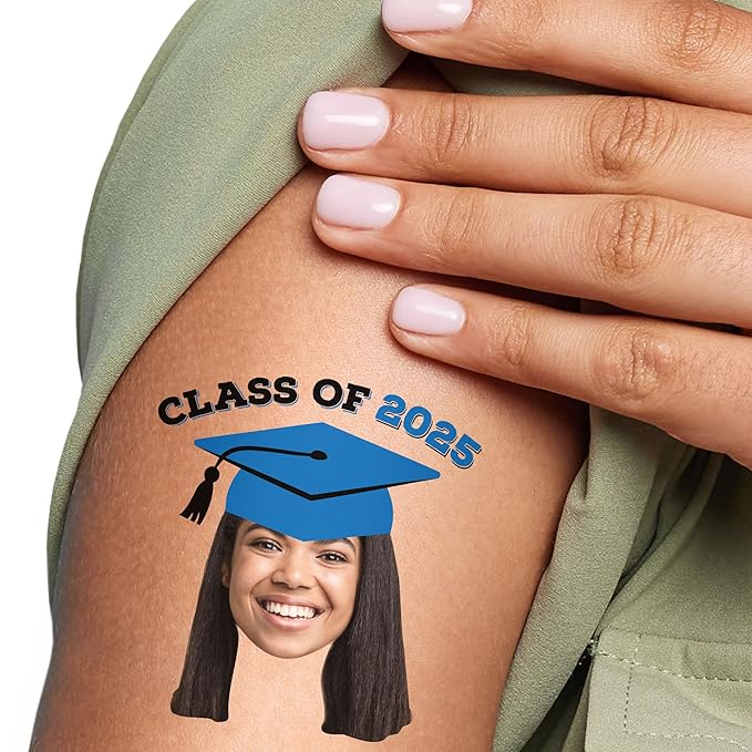 Big Dot of Happiness Custom Photo Blue Grad Cap, Personalized Graduation Party Favors, Fun Face Temporary Tattoos, Set of 12