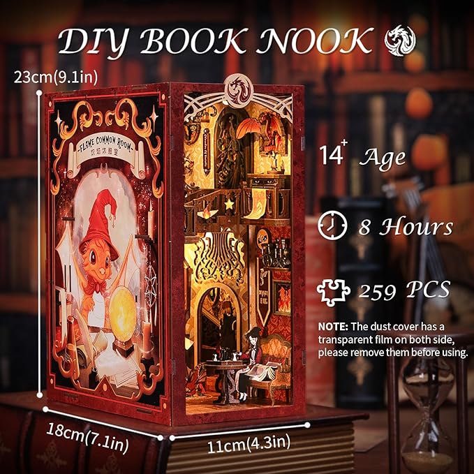 Fsolis Book Nook Kit, DIY Miniature Room House Kit 3D Wooden Puzzle Craft Kit for Adults Decorative Bookend Bookshelf Bookcase Nook Decor Gifts for Women Teens and Book Lovers (Flam Common Room)