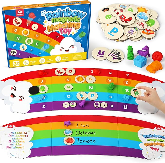 Coogam Rainbow Alphabet Learning Toy, Magnetic Letters and Mini Figures Sorting Matching Game, Fine Motor Educational Teaching Activity for Preachool Kids 3 4 5 Year Old