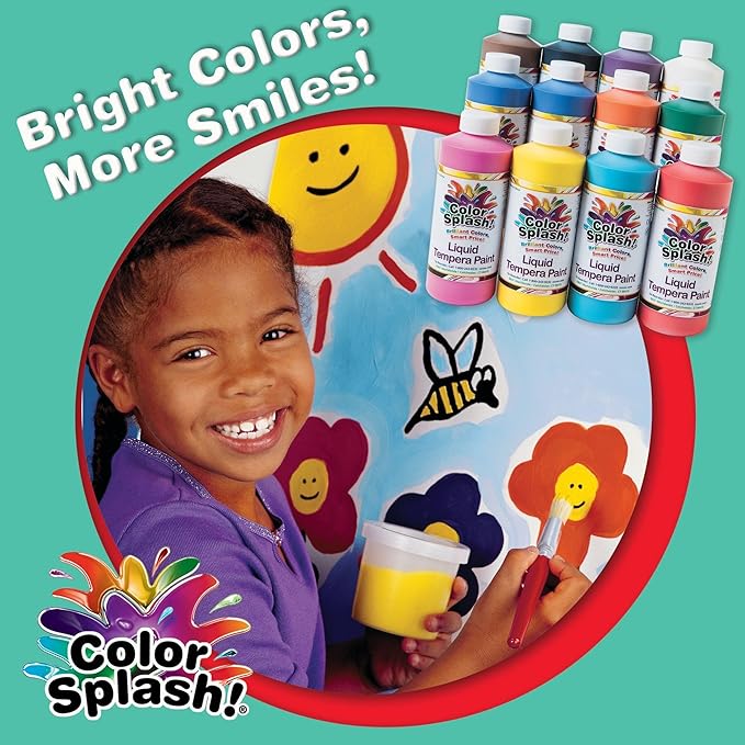 S&S Worldwide Color Splash! Liquid Tempera Bulk Paint, Set of 12 in 11 Bright Colors, 16-oz Easy-Pour Squeeze Bottles, For Arts & Crafts, School, Classroom, Poster Paint, For Kids & Adults, Non-Toxic.