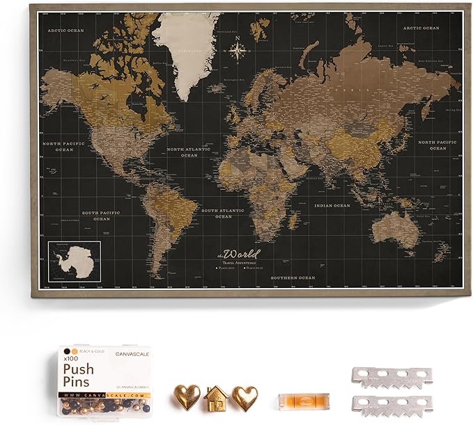 Canvas World Map with Cork Pin Board - English Lettering - Decorative Wall Decoration for All Rooms - Canvas Pictures with World Map Motif (150x100 cm, Pattern 5)