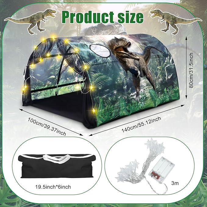 Dinosaur Bed Tent for Kids Large Kids Twin Tent Toddler Play Bed with Carry Bag Foldable with String Lights for Girls Boys Bedroom Indoor Games