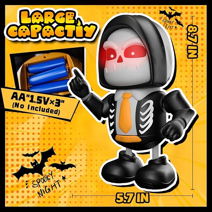 Halloween Skeleton Dancing Robot Toy with Lights & Music, Battery Operated Animated Skull Toy for Kids, Light-Up Walking Singing Robot Figure, Spooky Gift for Boys Girls Ages 3+