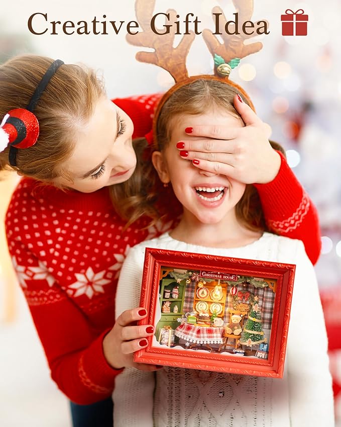 Rolife DIY Miniature House Kit, Mini Wooden Dollhouse Kit for Adults to Build, 3D Shadow Box Frame Home Wall Hanging Decor Diorama Kit, for Girls Women Teens-Christmas Eve Party