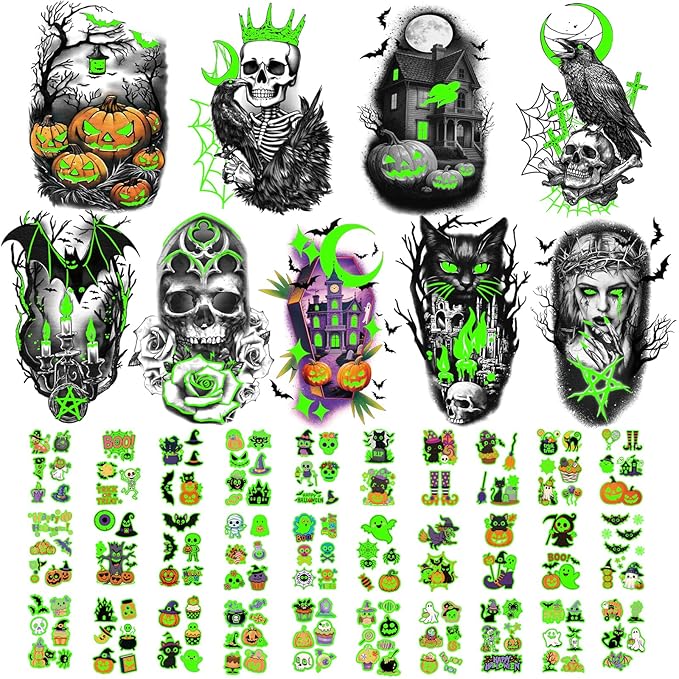 39PCS Glow in The Dark Halloween Temporary Tattoos Adult Kids, 9PCS Realistic Half Sleeve Pumpkin Bat Crow Skull Fake Tattoos, 30PCS Luminous Spider Cat Ghost Tiny Face Body Stickers Party Supplies