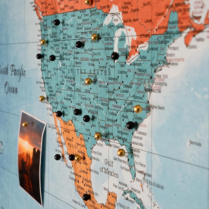 Canvas World Map with Cork Pin Board - English Lettering - Decorative Wall Decoration for All Rooms - Canvas Pictures with World Map Motif (120x80 cm, Pattern 21)