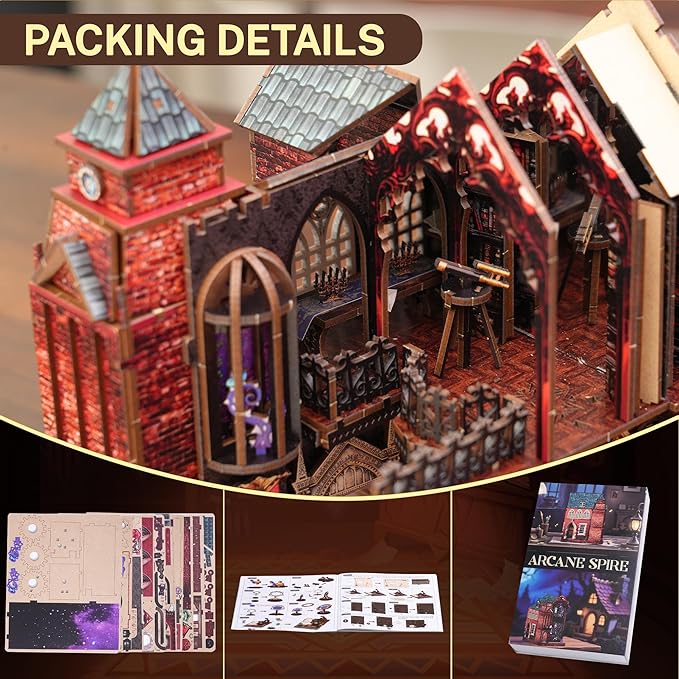 Book Nook Kit, DIY Miniature House Dollhouse Crafts Kit for Adults and Teens, Magic Castle 3D Wooden Puzzle Booknook Build Bookshelf Decor, Gifts for Family and Friends（Arcane Sprire）