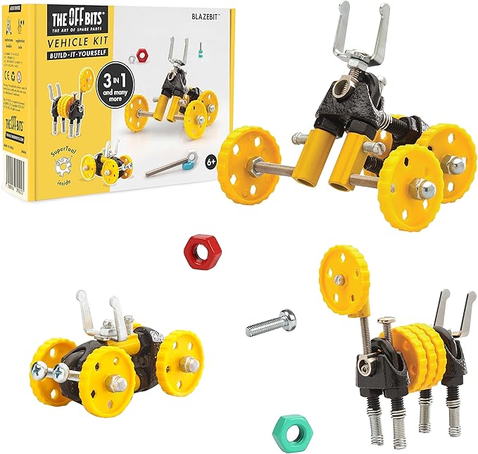 The Off Bits Building Toy - Yellow Vehicle Kit BlazeBit - Building & Construction Toy Tool Set for Kids Including Guide Book - Build-it-Yourself, Gift Ideas for Kids Boys & Girls