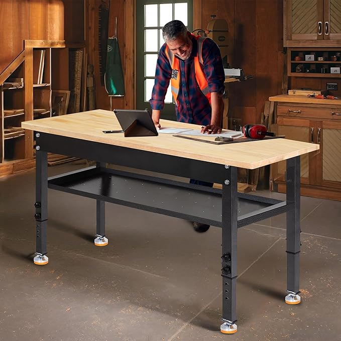 48"/60'' Adjustable Workbench, Rubber Wood Work Bench Heavy-Duty with Partition,2000 LBS Load Capacity Hardwood Work Table for Garage, Workshop, Home, Office, Easy Assembly (w/partition,48'')