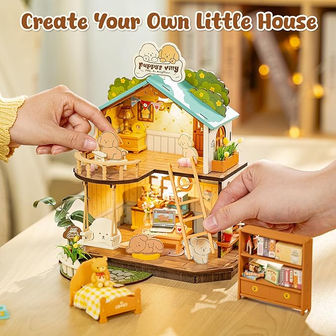 ROBOTIME DIY Miniature House Kit, Mini Wooden Dollhouse Diorama Model, Tiny House Building Kits,Birthday Christmas Craft Hobbies Gift for Teens Kids and Friends（Puppy's Cozy Villa）
