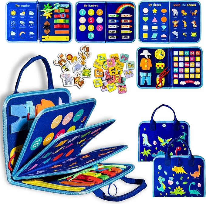 Montessori Busy Board for Toddlers 1-3, Sensory Educational Activities Board for Learning Fine Motor Skills, Travel Toys for Airplane Car, Gift for Girls Boys 2-4 Years Old (Dinosaur)
