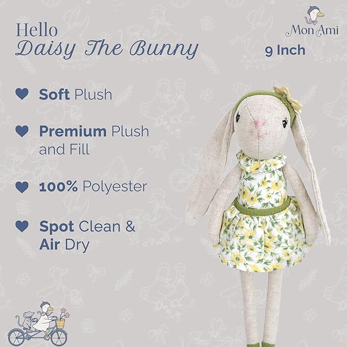 MON AMI Daisy The Bunny Stuffed Doll - 9", Soft & Cuddly Plush Animal Doll, Use as Toy or Room Décor, Great Gift for Kids of All Ages