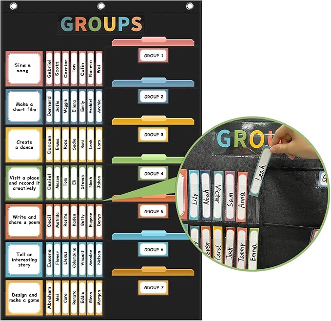 REGELETO Boho Small Group Management Pocket Chart with 114 Cards, Large Size 46 x 26.3 inch Classroom Small Group Organizer for School Teacher Elementary Preschool Learning Supplies (Black)