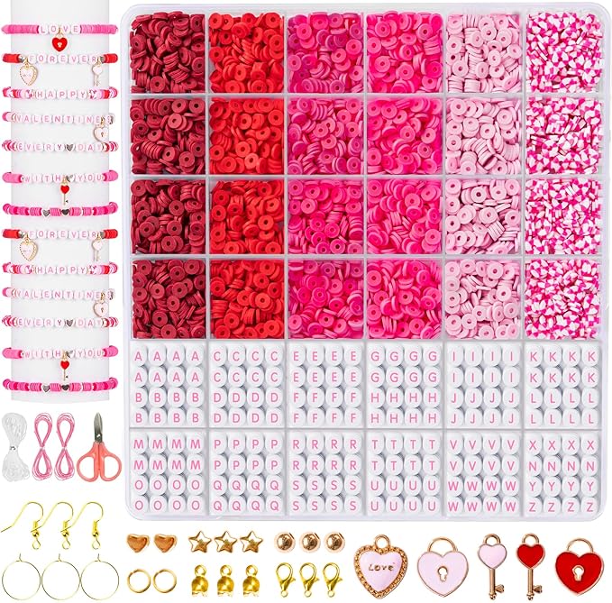 Goldwise Valentine's Day Friendship Bracelet Kit, Pink Beads, Jewelry Making Kit with 5 Kinds of Unique Pink Clay Beads, Letter Beads and Charms, GIFS for Fans, Couples and Best Friends
