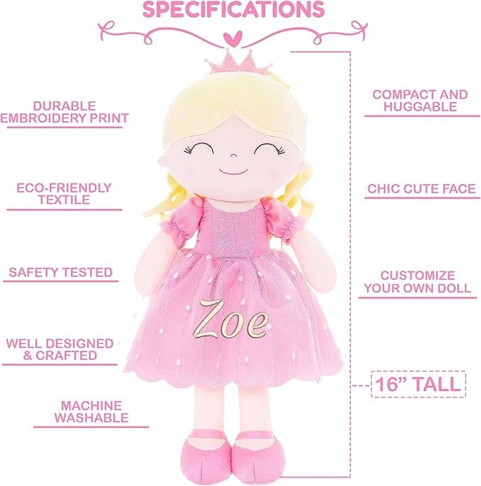 Gloveleya Personalized Doll with Embroidered Name - Pink Princess Custom Plush Doll for Girls Cute Plush Doll Customized Gift - Muñecas de Trapo Personalizadas para Niñas