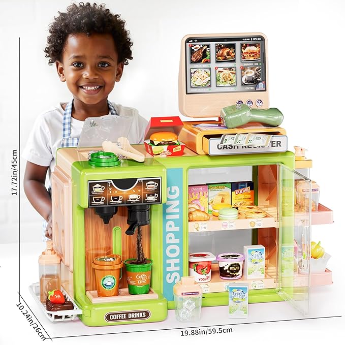 Toddler Toy Grocery Store, Supermarket Playset with Touch Voice Cash Register, Scanner, Coffee Maker, Play Food, Play Money, Pretend Play Toys for Toddlers Kids Birthday