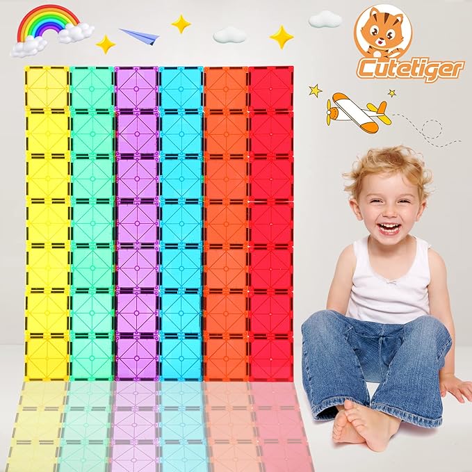 Magnetic Tiles, Magnet Tiles, 100 Pcs Magnetic Building Blocks No Cars, Square Building Castle, Preschool Toys, STEM Stacking Construction Montessori Toys for Kids
