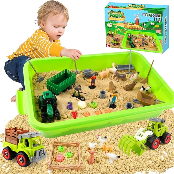 MYDOVA Farm Sensory Bin Sandbox Toys, Play Sand Farm Toys with 2.2lbs Play Sand, Farm Figures and Animals, Vegetables & Tractor Playset, Birthday Gift for Kids 3 4 5 6 7 8+ Years Old Boys Girls