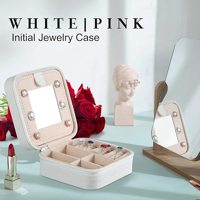 Parima Travel Jewelry Case - Ring, Necklace, Earring Organizer Box With Initial M in White