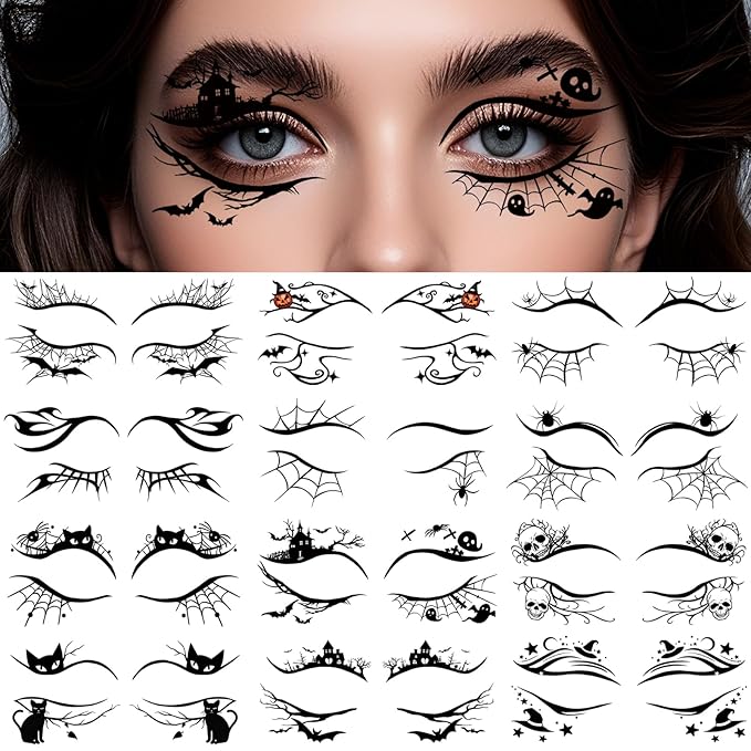 24 PCS Halloween Makeup Eye Temporary Tattoos Waterproof, Upper & Lower Lash Design Spider Web Bat Eyeliner Eye Shadow Tattoos Makeup Kit for Adult Women Men Girls Cosplay Halloween Party Decals
