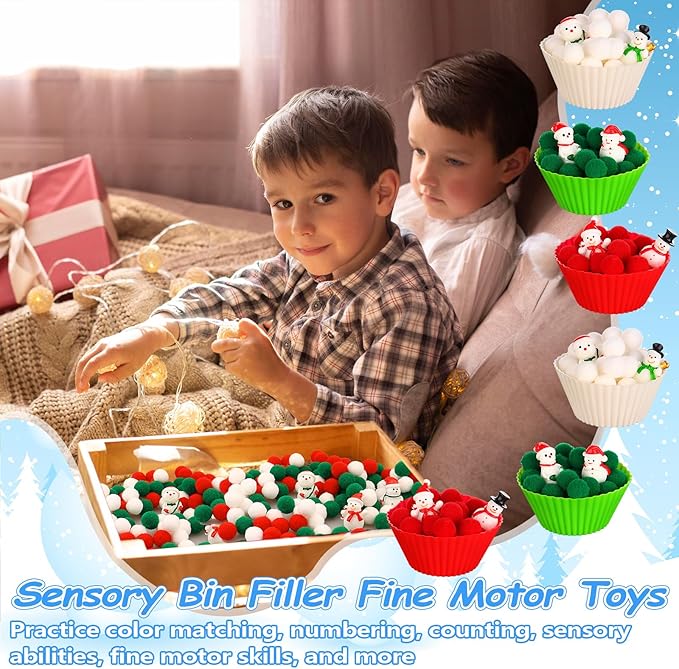 277 PCS Christmas Sensory Bin Filler Winter Sensory Bin Items 240 Pompoms 24 Resin Xmas Snowman 6 Cups 6 Tweezers 1 Storage Box for Winter Christmas Sorting Counting Training Education Activities
