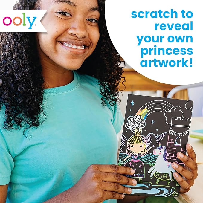 Ooly Scratch & Scribble 10pc Art Kit with 8 Total Scratch Cards (4 Illustrated, 2 Blank, 2 Rainbow) with Scratching Tool and Sparkled Stickers, Art Set Gifts for Kids - Princess Garden