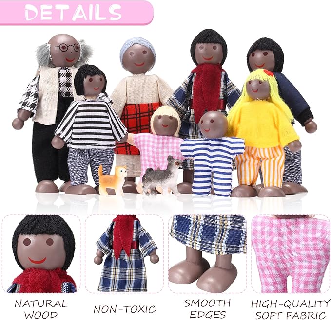 Skylety 10 Pcs Wooden Dollhouse Set of Mini People Figures Dollhouse Dolls Wooden Doll Play Figures Accessories(Stylish Style)