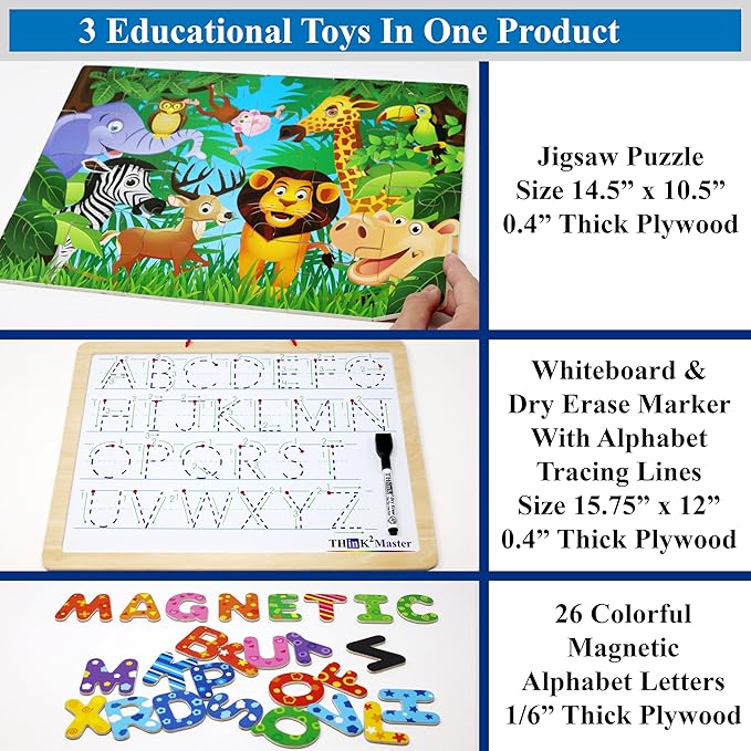 Think2Master Alphabet Whiteboard & Animal Puzzle (PreK, Kindergarten, 1st) for Families, Home School & Classrooms. Learn to Read & Write Size 14.5” x 10.5" (Animal Edition)