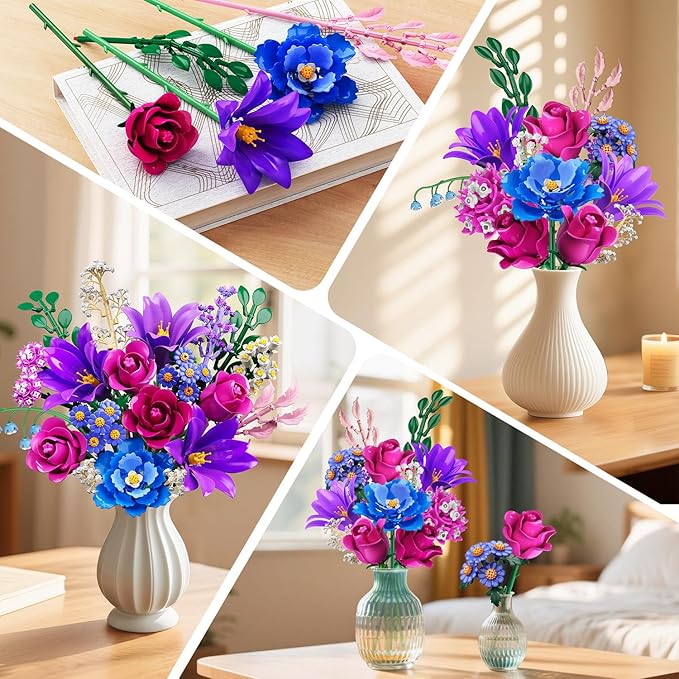 Flowers Bouquet Building Set with LED Light, 21 Flower Botanical Collection Building Block Toy, Rose Lily Plants Home Office Decor 1054PCS, for Her Adults Women Kids Girls 12+ (Purple)