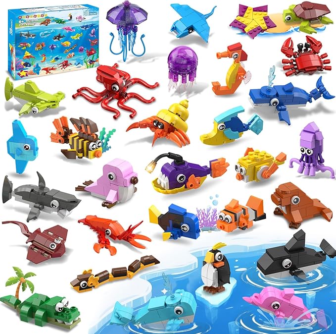 HOGOKIDS 30 Pack Animals Party Favors for Kids, 824PCS Mini Marine Animal Building Block Sets for Goodie Bags Filler Classroom Prizes, Easter Basket Stocking Stuffer Birthday for Boys Girls 6+