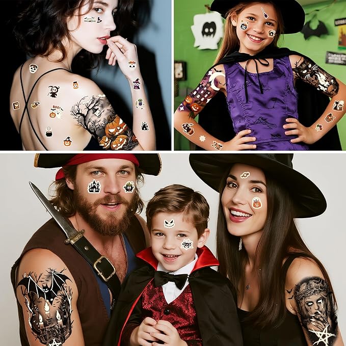 39PCS Glow in The Dark Halloween Temporary Tattoos Adult Kids, 9PCS Realistic Half Sleeve Pumpkin Bat Crow Skull Fake Tattoos, 30PCS Luminous Spider Cat Ghost Tiny Face Body Stickers Party Supplies
