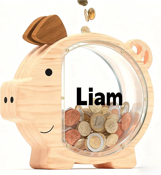 Personalized Wooden Piggy Bank for Kids Large, Custom Name Money Bank for Boys Girls, Cute Unbreakable Wood Savings Jar Money Box, Birthday for Child, Room Décor