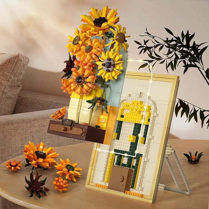 NUTCRACKER Sunflower Flower Building Set with Sensor Light, 3D Sunflower Van Gogh Painting Frame Wall Art Crafts for Home Office Decor, Easter Birthday Gift for Adult Girls 14+ (1166 Pieces)