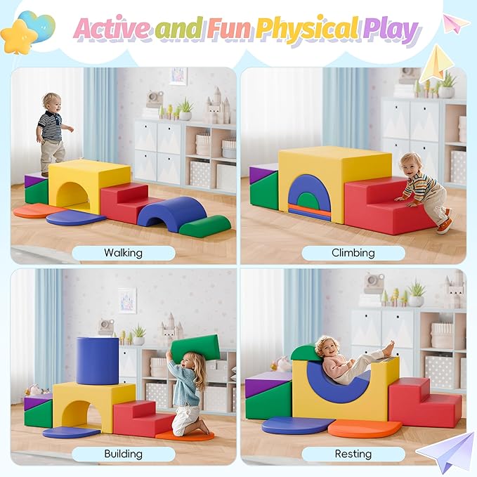 MU ‌Soft Climbing Toys for Toddlers, 7-Piece Baby Soft Foam Climbing Blocks, PU Leather Gym Climb and Crawl Activity Play Set, Indoor Climbing Toys for Kids and Children, Classic